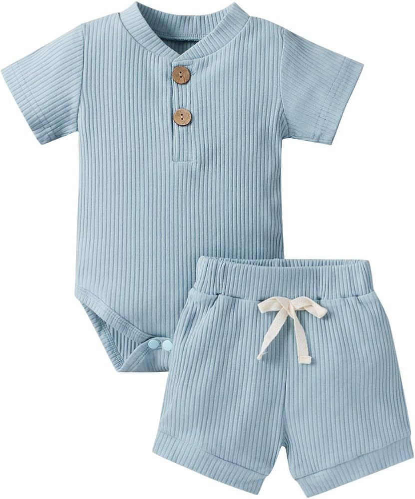 Newborn Baby Boy Girl Summer Clothes Ribbed Short Sleeve T-Shirt + Shorts Set Two Piece Outfits | Amazon (US)