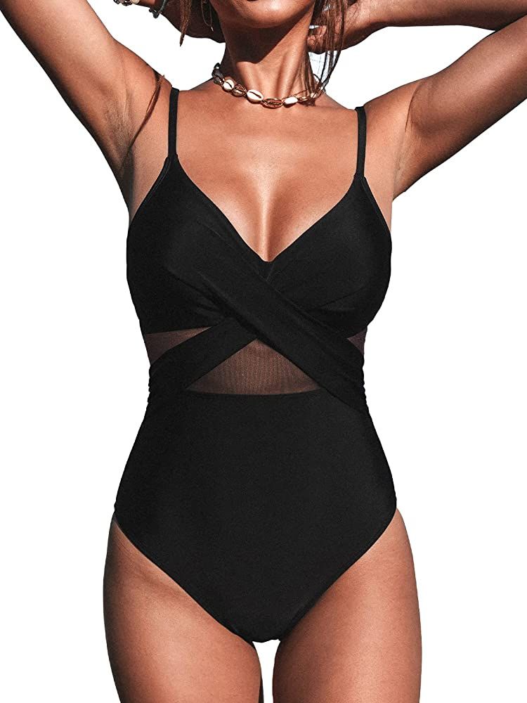 CUPSHE Women V Neck One Piece Swimsuit Wrapped Mesh Tummy Control Bathing Suit with Adjustable Spagh | Amazon (US)
