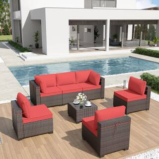 Halmuz 7-Piece Wicker Outdoor Sectional Set with Cushion Red 7PS-Red - The Home Depot | The Home Depot