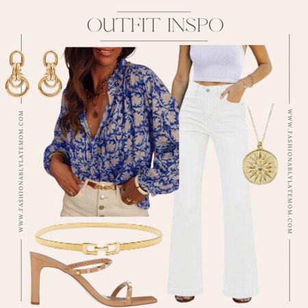 Casual workwear outfit! 
Fashionablylatemom 
MIDEEO 14K Gold Leaf Pendant Necklaces for Women Dainty Sun Coin Choker Medallion Moon Star Necklace Minimalist Jewelry
The Drop Women's Avery Square Toe Two Strap High Heeled Sandal
18K Gold Drop Dangle Earrings for Women Geometric Circle Paper Clip Chain Dangle Earrings Dainty Vintage Twist Woven Post Earrings
Skinny Waist Belt of Women Elastic Metal Stretch Chain Belt Gold and Silver
GRAPENT Womens Flare Jeans High Waisted Wide Leg Baggy Jean for Women Stretch Denim Pants
SHEWIN Women's Spring Tops Casual V Neck Long Sleeve Shirts Floral Boho Blouses

#LTKshoecrush #LTKstyletip