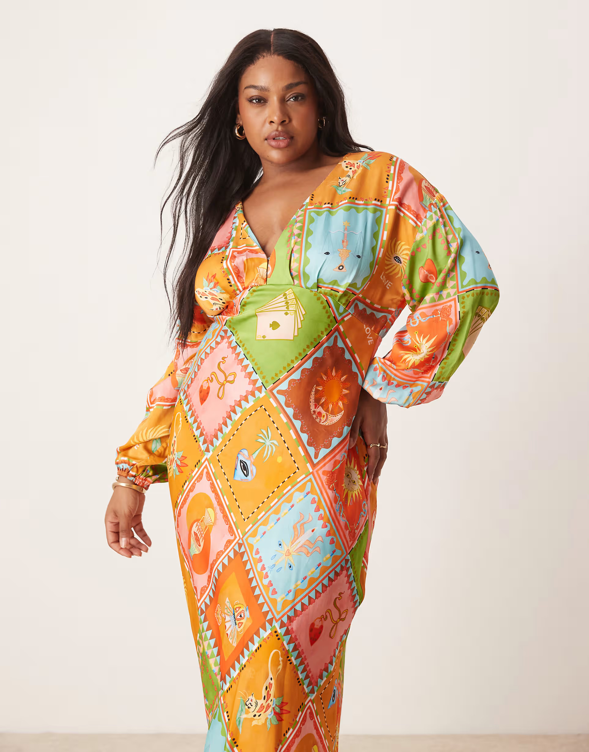 Never Fully Dressed Plus balloon sleeve midaxi dress in multi print | ASOS (Global)
