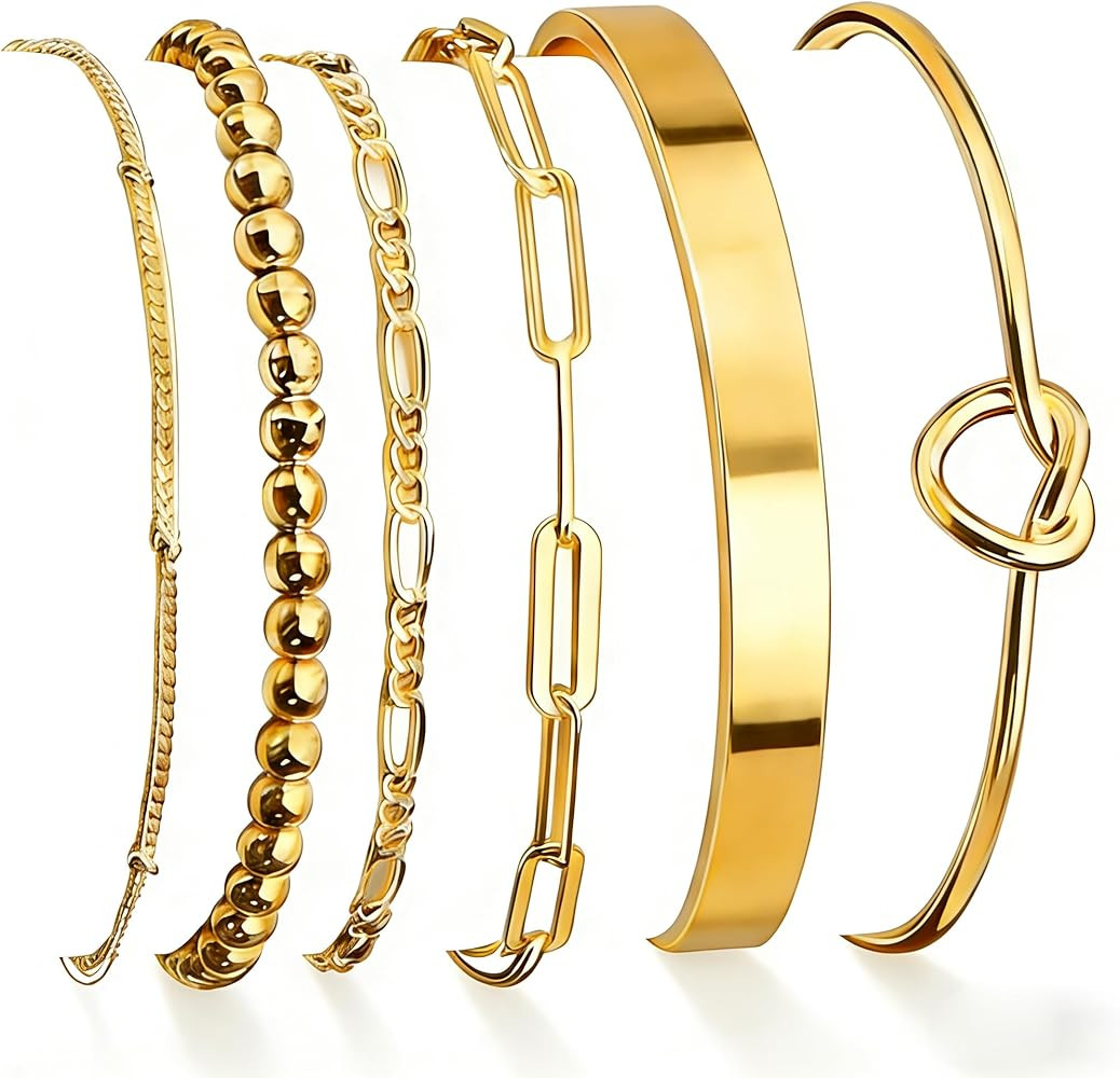 JGVG 6Pcs Gold Bangle Bracelets for Women 14K Gold Plated Non Tarnish Waterproof Fashion Trendy S... | Amazon (US)