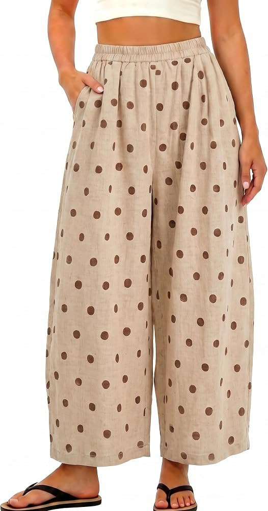 Women's Polka Dot Linen Wide Leg Barrel Pants Casual High Waisted Palazzo Trousers with Pockets f... | Amazon (US)