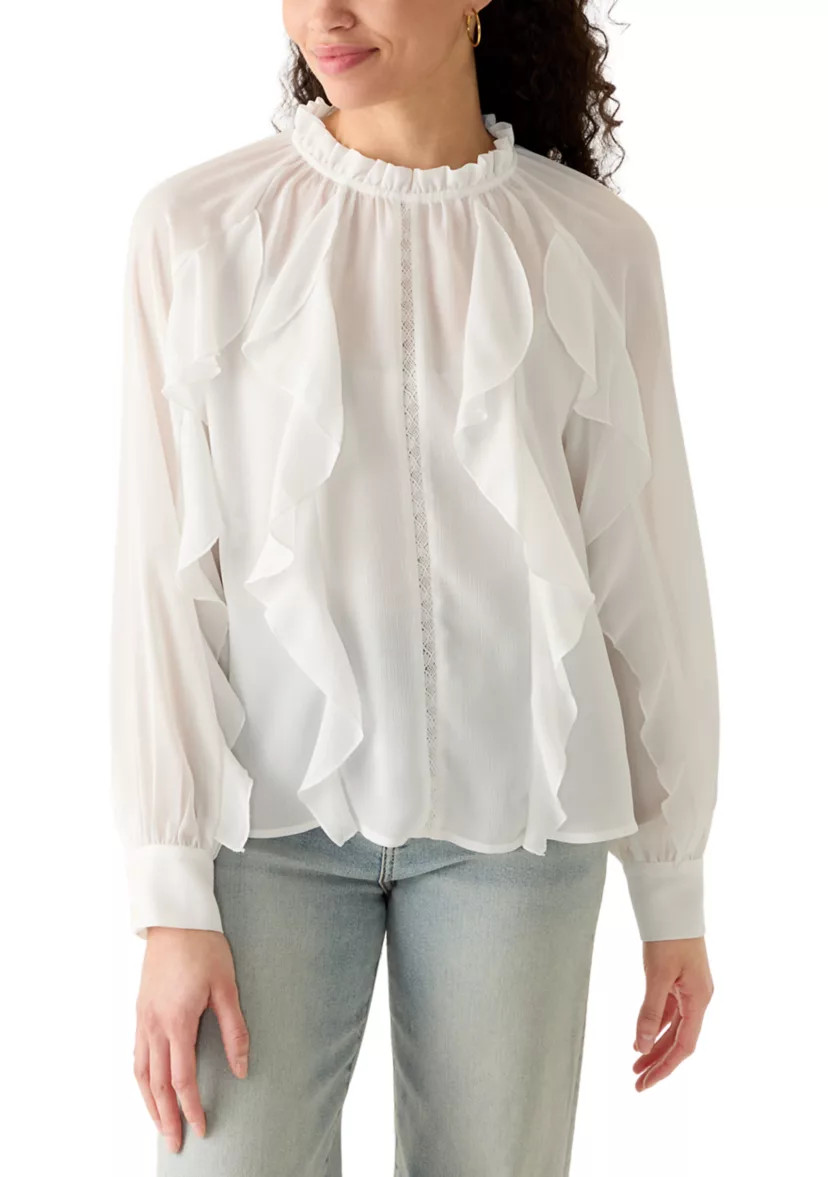 Women's Long Sleeve Ruffled Lace Sheer Blouse | Belk