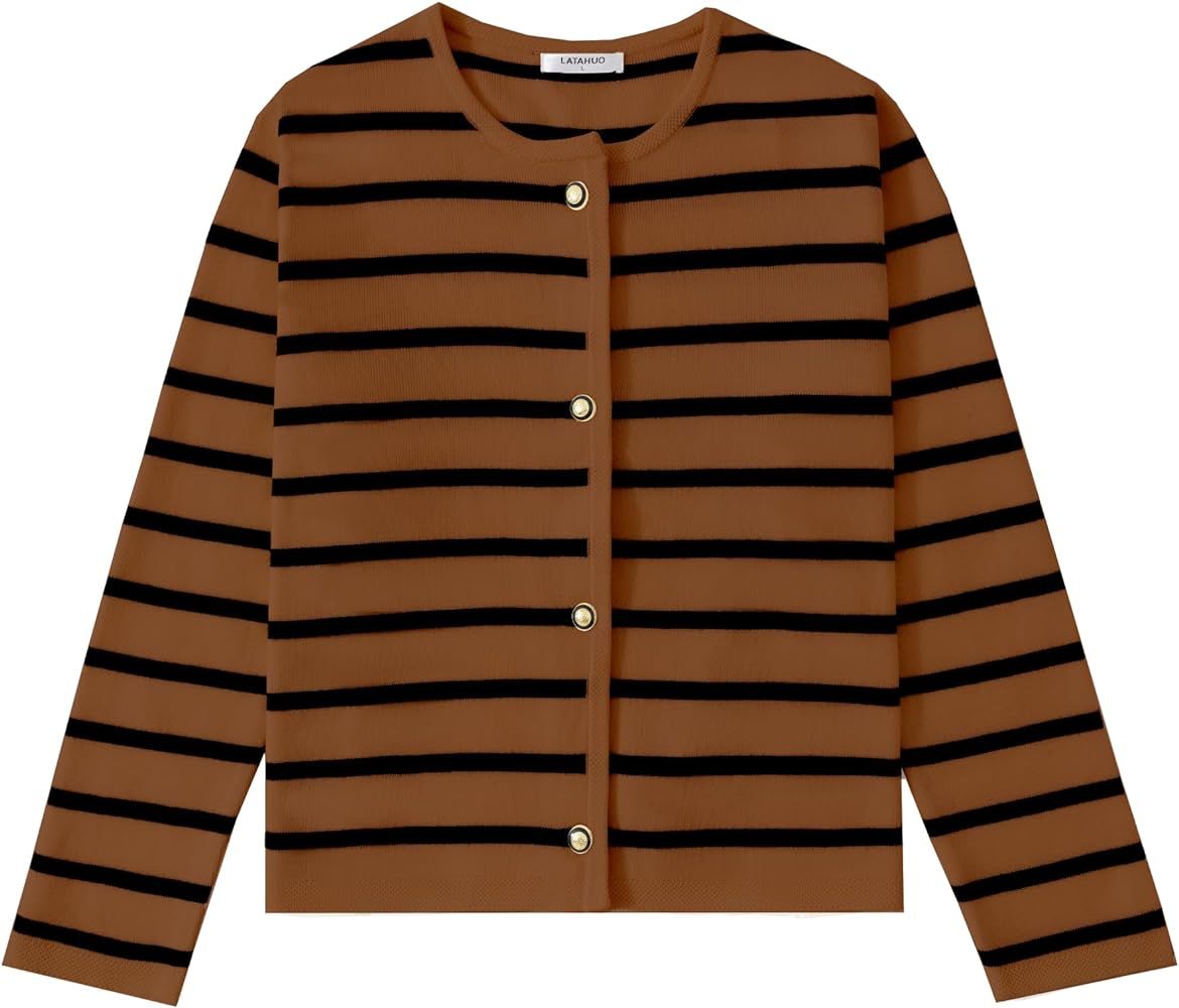 LATAHUO Women's Striped Cardigan Sweater Trendy Long Sleeve Button Down Crewneck Knit Cardigans | Amazon (US)