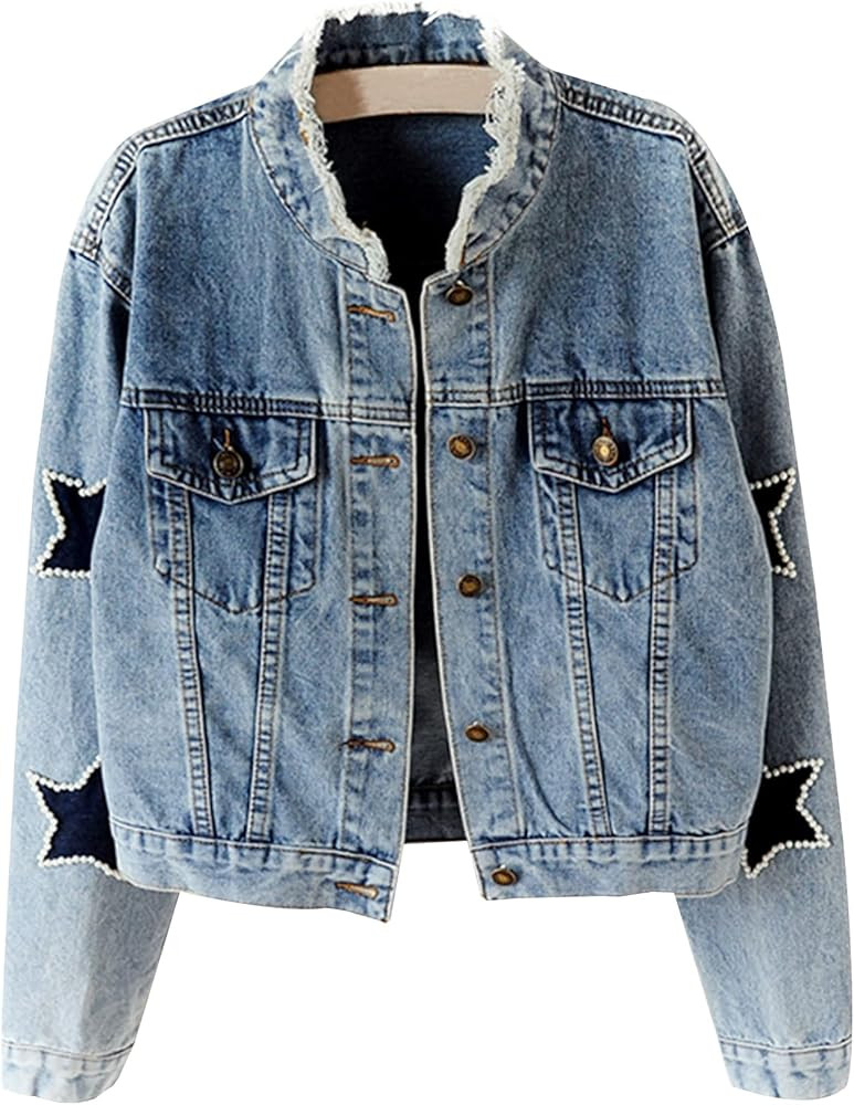 Ainangua Women's Casual Embroidered Pearls Beading Denim Jacket Loose Washed Jean Coat | Amazon (US)