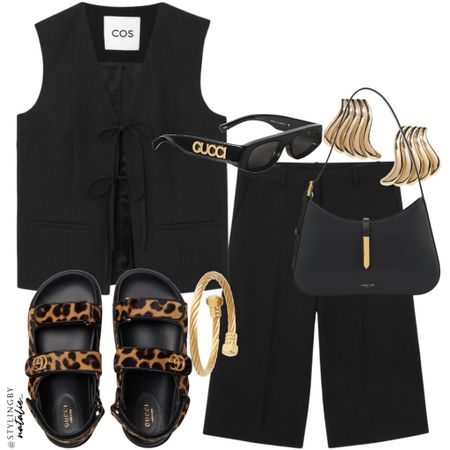 Black waistcoat and culottes co-ord set, leopard print sandals, gold earrings, Gucci sunglasses, Demellier shoulder bag.
Holiday outfit, summer outfit, vacation style, gold accessories.

#LTKstyletip #LTKtravel #LTKshoecrush