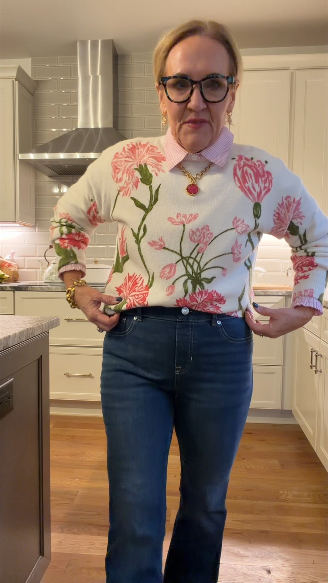 Sweater size medium 
Blouse order reg size 
Jeans are pull on spanx denim super flattering but gotta shimmy them on. I’m in a medium petite. 

You could also grab the loft flares too. They’re great. Size 29 petite  

#LTKootd #LTKOver40 #LTKPetite