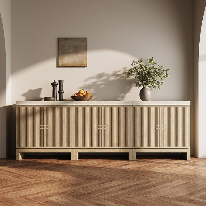 BELLEZE Set of 3 Anton Sideboard Buffet Cabinet - Travertine Greige | Amazon (US)