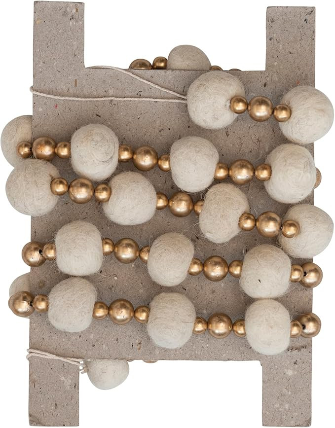 Creative Co-Op Handmade Wool Felt Ball and Plastic Bead Garland, Color Finish, Cream and Gold | Amazon (US)