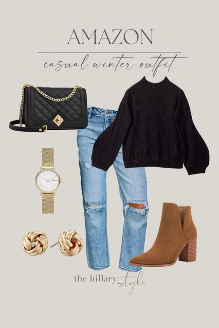Amazon Casual Winter Outfit: Winter Basics. Black sweater, denim, cognac boots, black handbag, gold watch, gold earring. #founditonamazon

#LTKFind #LTKstyletip #LTKunder50
