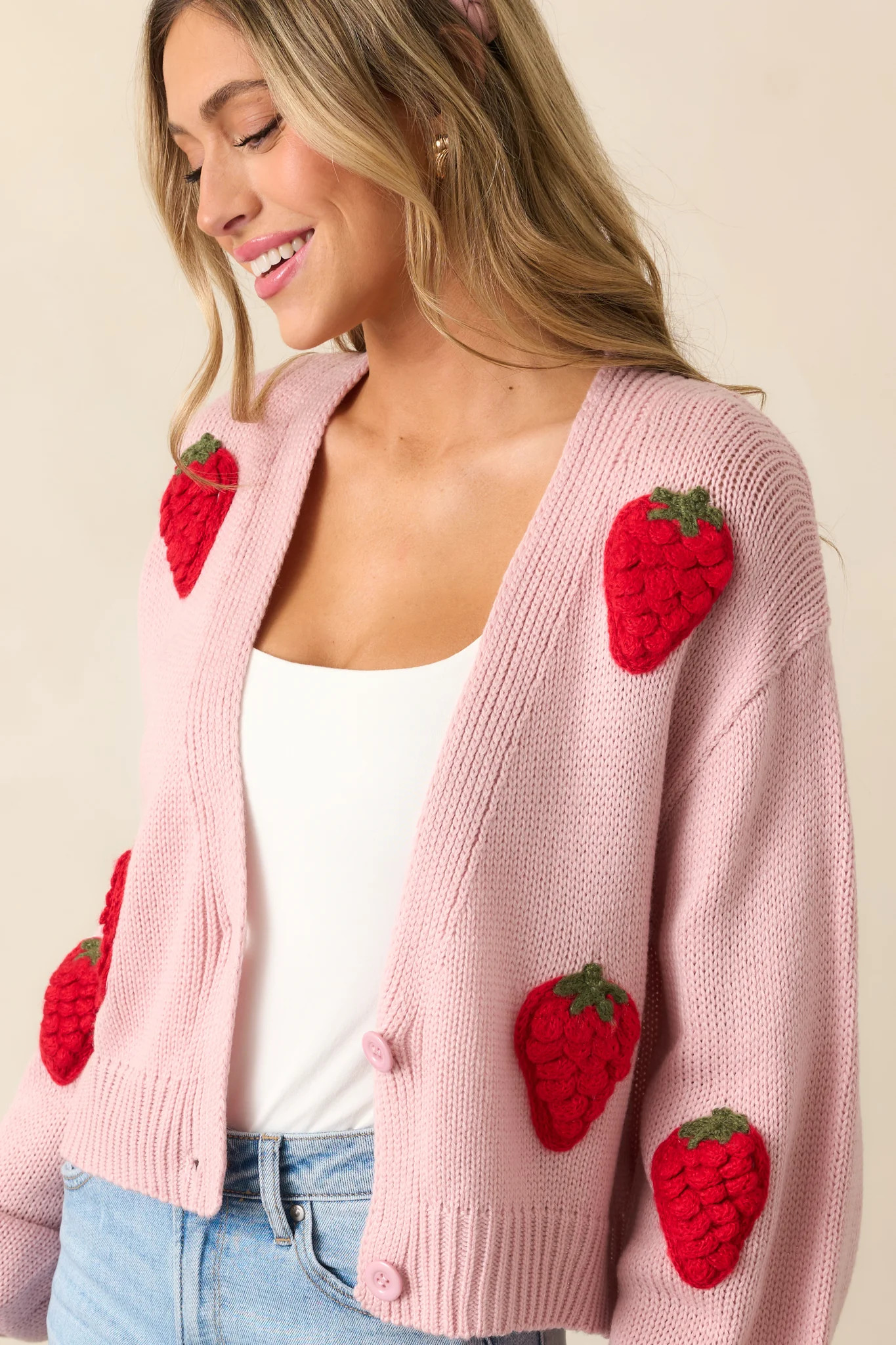 Strawberry Kiss Light Pink Knit Cardigan | Red Dress
