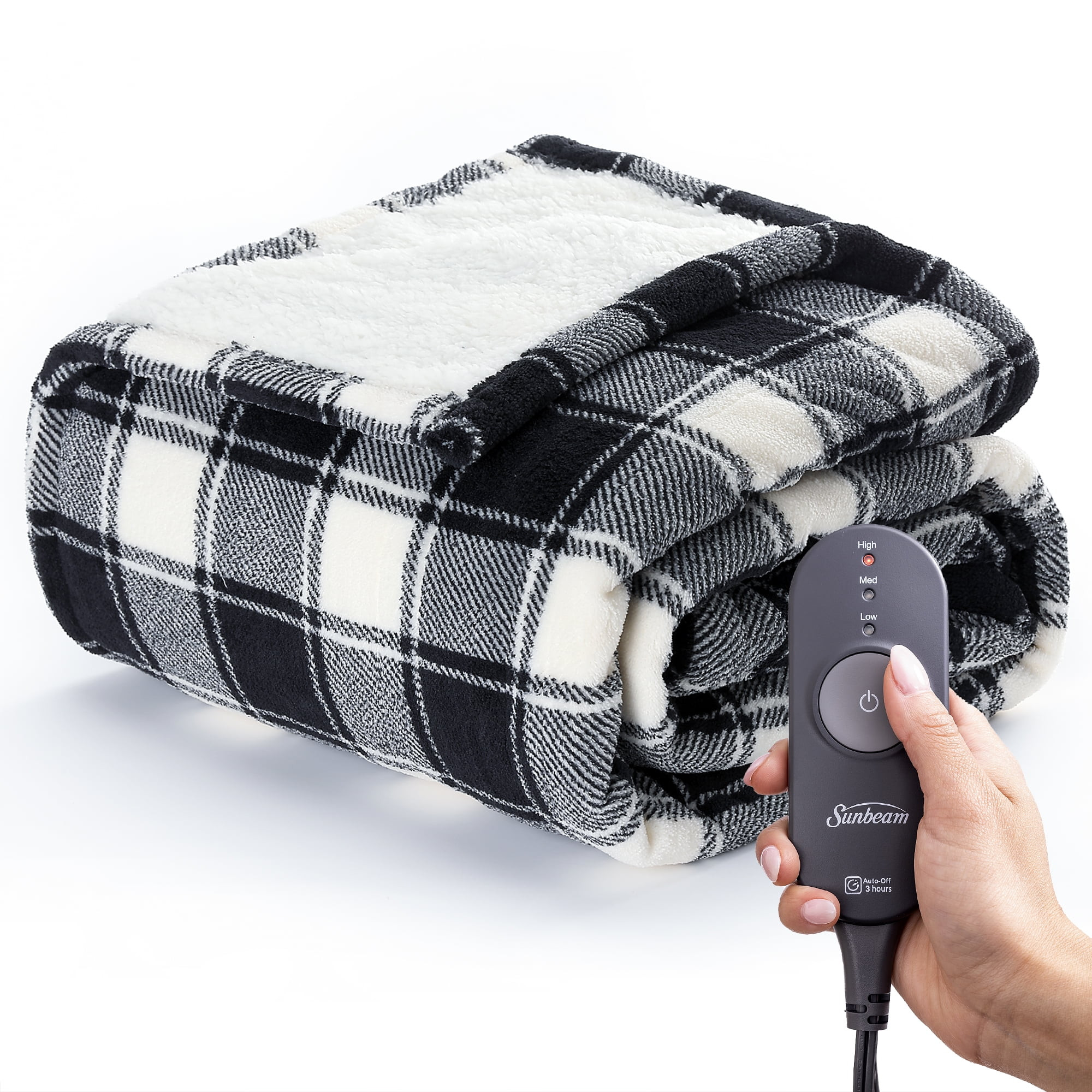 Sunbeam Heated Electric Throw Blanket, Cozy Sherpa, Black Buffalo Checker, 50" x 60" - Walmart.co... | Walmart (US)