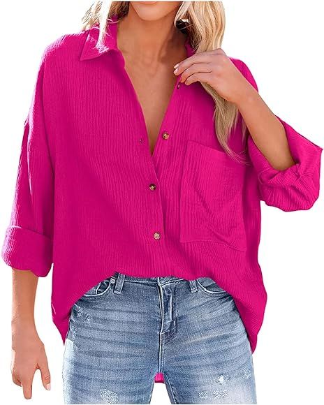 LMSXCT Women Button Down Shirts Office Drop Shoulder Oversized Blouse Solid Color Long Sleeve Boy... | Amazon (CA)