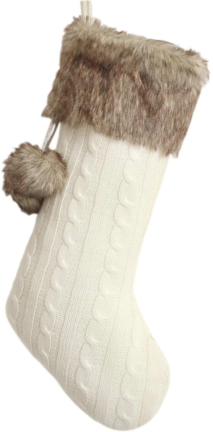 Ivory Cable Knitted Body, Faux Fur Cuff with Faux Fur Fluffy Pompom Ball Christmas Stocking, Xmas... | Walmart (US)