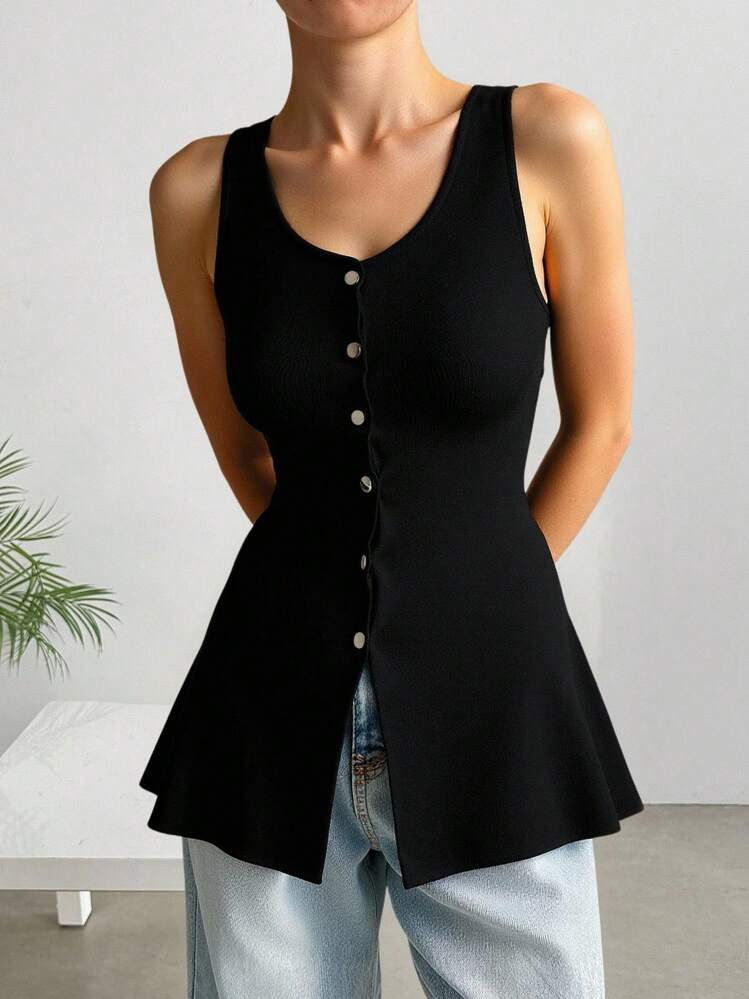 SHEIN EZwear Plus Size Cool Black Knit Cami Tank Top, For Summer,Business Casual Woman Black Vest... | SHEIN