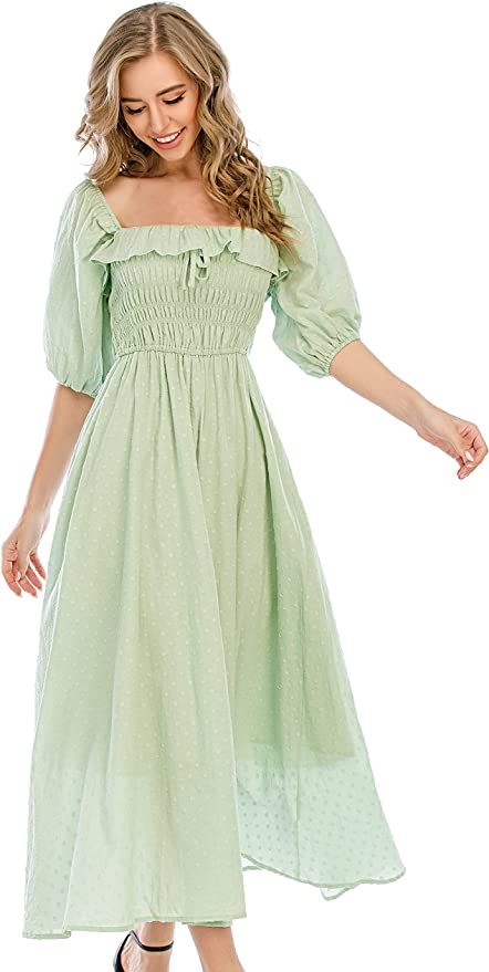 R.Vivimos Women's Polka Dot Slim Half Sleeve Puff Flare Sleeve Square Neck Tie Long Midi Dress | Amazon (UK)