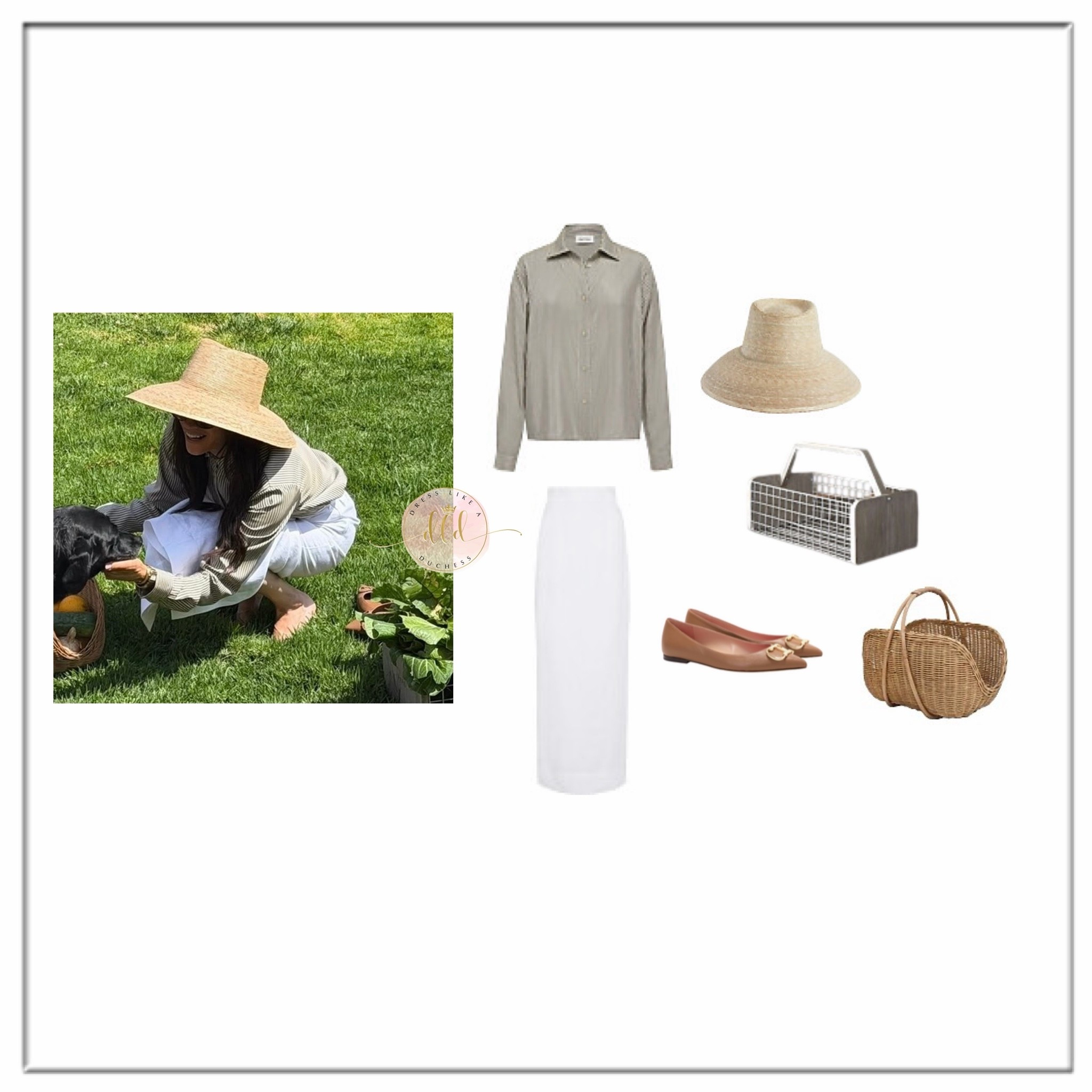 9/7/26 Meghan Markle in a new photo for As Ever wearing Carolina Herrera Initials Insignia Leather Slingbacks in Camel + Matteau Fine Silk Shirt + Sarah Bray Bermuda hat + Posse Emma skirt in ivory + Williams Sonoma gardening basket + Ashland natural gathering basket