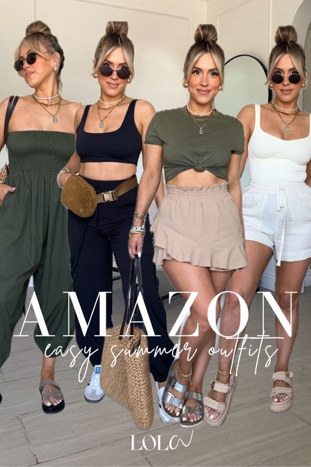 Casual chic Amazon summer outfit ideas 🙌🏼🤗

✔️Look 1: SMALL in skort + tee | this flare mini SKORT is a super comfy linen with stretch + elastic waistband. I love length from the back too (not too short). 

✔️Look 2: SMALL in joggers + tank |  these cargo joggers are very cute. If you're in between sizes, size up! Otherwise TTS. Elastic waistband. The Amazon image is not very accurate, these are more of a stiff fabric and on the picture it looks like it's a loose linen, but it's not. I still love them though. 

I'm wearing the Pumiey tank except I folded it up to make it cropped; very easy to do that with this tank top! The original belt bag is Lululemon but discontinued (linked similar from Amazon). 

Look 3: ONE SIZE REGULAR | OK this jumpsuit is very unique. You can actually wear them as pants and just fold down the smocked part OR as a jumpsuit. I LOVE IT! Has pockets and it's super comfy! 

Look 4: SMALL in linen shorts + tank | the linen shorts are SO comfy and a little loose which I love that they're not super tight. They're incredibly comfortable pull-on shorts with an elastic waistband functional pockets.

#LTKStyleTip #LTKFindsUnder50 #LTKU