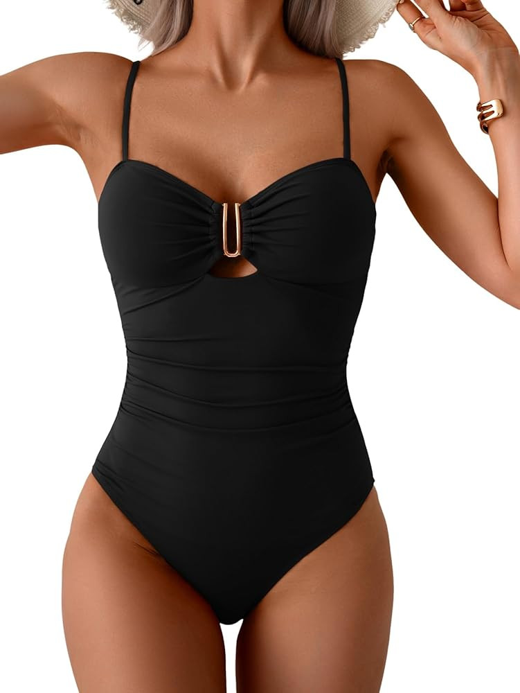 Eomenie One Piece Swimsuit for Women Tummy Control Ruched Bathing Suit Cutout U Wire Swim Suits | Amazon (US)