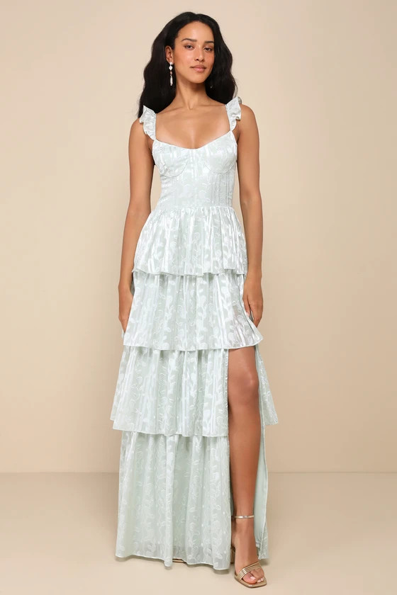 Stunning Glory Sage Green Floral Jacquard Tiered Maxi Dress | Lulus