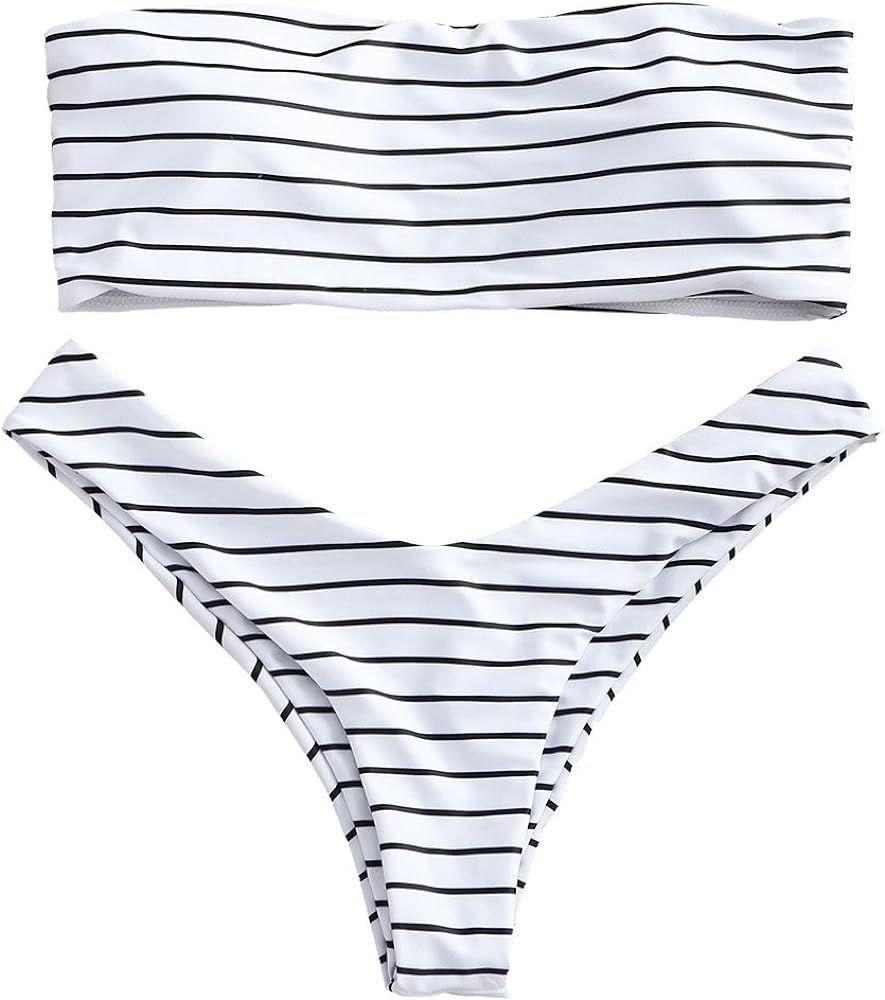 ZAFUL Women's Cute Strapless Swimsuits Stripe Padded Bandeau Bikini Set | Amazon (US)