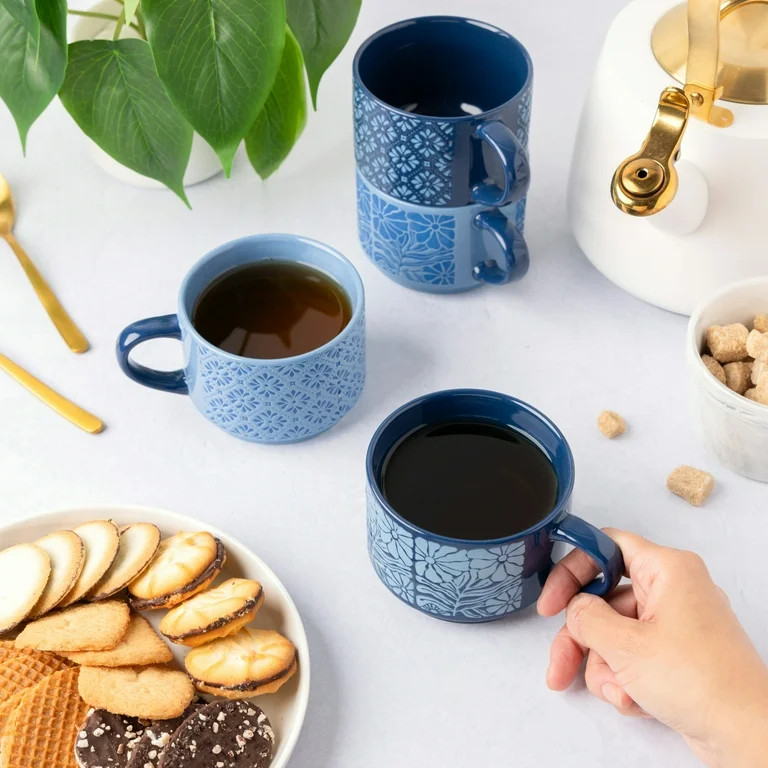 Thyme & Table 11.1 fl oz Blue Flowers and Blue Shapes Stoneware Stacking Mugs with Wire Rack, Set... | Walmart (US)