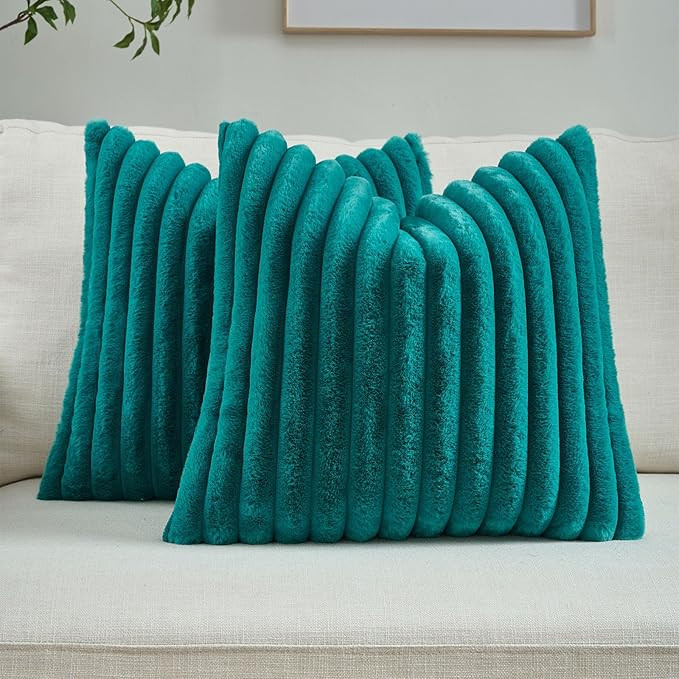 FUTEI Teal Green Throw Pillow Covers Set of 2, 26x26 Inch Soft Faux Rabbit Fur Striped Texture Eu... | Amazon (US)