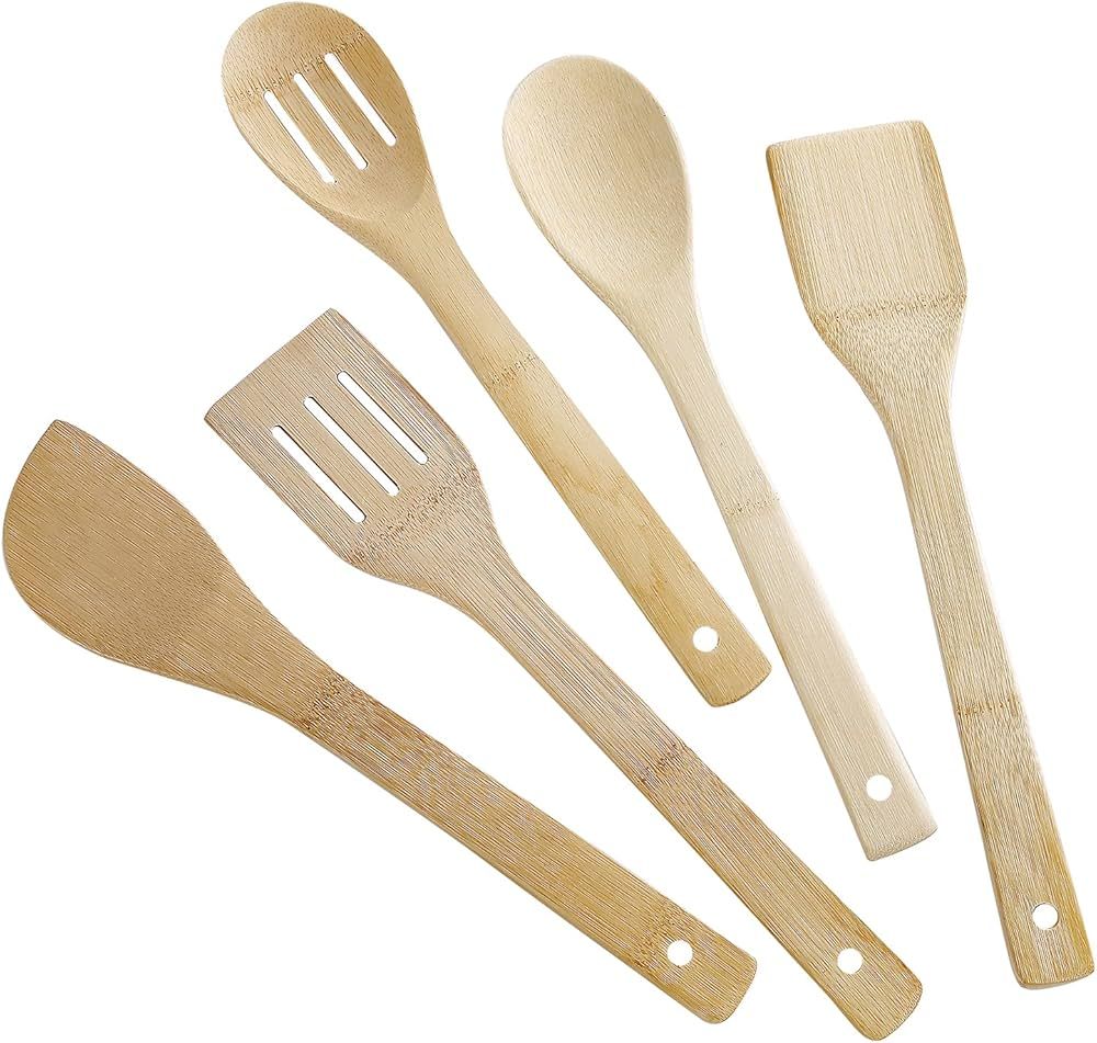 Olelo Wooden Spoons for Cooking 5-Piece Bamboo Utensil Set Bamboo Cooking Utensils Wooden Spoons ... | Amazon (US)