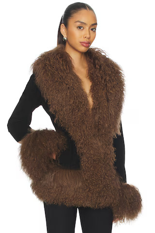 Susanna Chow Dorothy Suede Coat in Black & Brown Trim from Revolve.com | Revolve Clothing (Global)