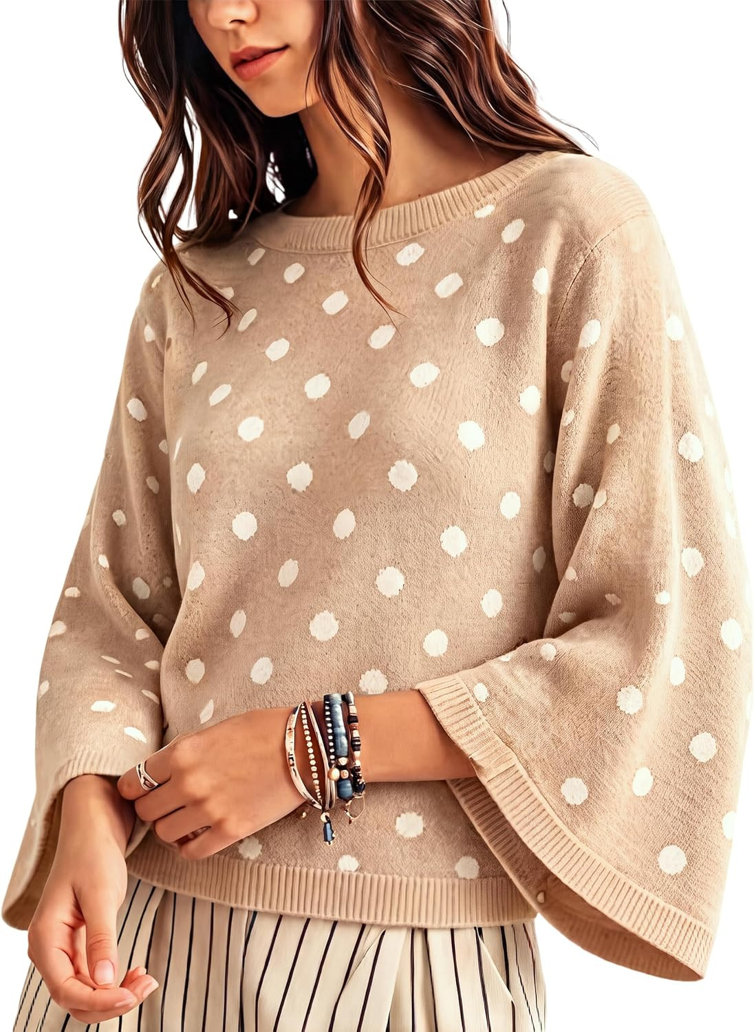 Yeokou Women's Polka Dot Button 3/4 Flare Sleeve Knit Sweater | Amazon (US)