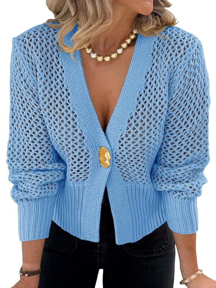 Cicy Bell Womens Cropped Crochet Cardigans Hollow Out Button Down Lantern Sleeve Knit Sweaters Ca... | Amazon (US)