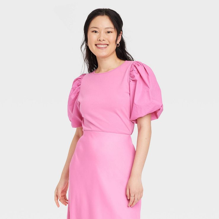 Women's Puff Short Sleeve T-shirt - A New Day™ Pink S : Target | Target