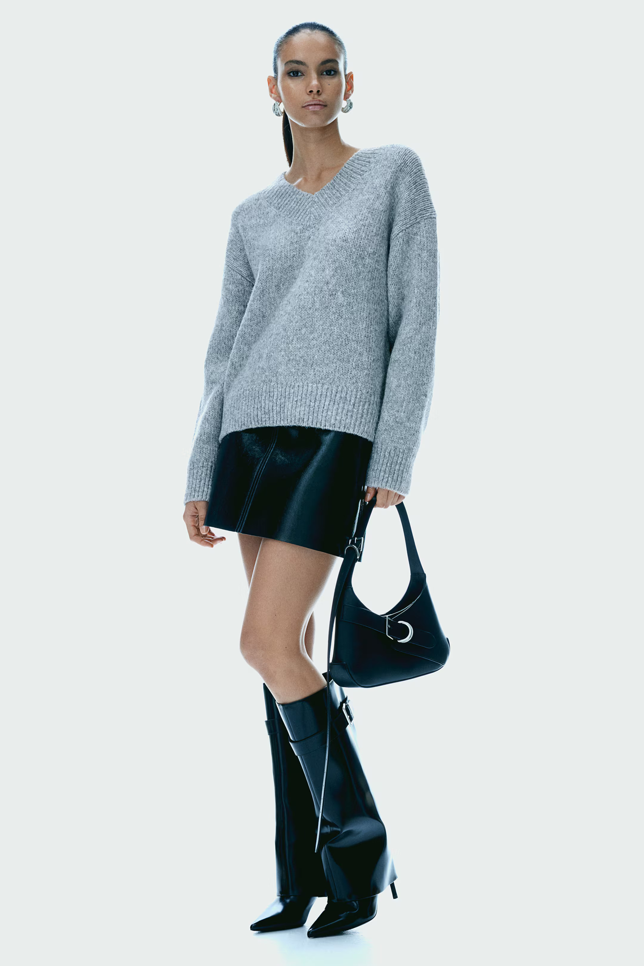 V-neck jumper - Grey marl - Ladies | H&M GB | H&M (UK, MY, IN, SG, PH, TW, HK)