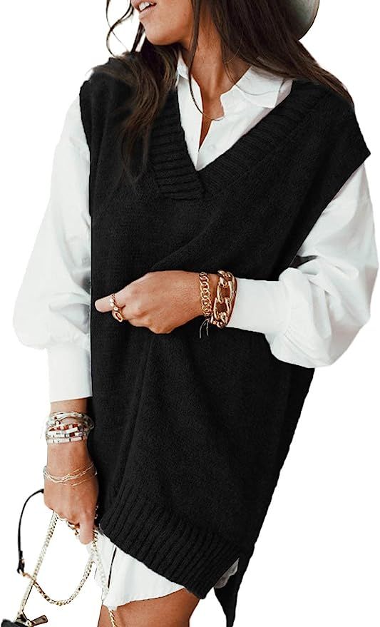 HOTAPEI Sweater Vest Women Oversized V Neck Sleeveless Sweaters Womens Cable Knit Tops | Amazon (US)