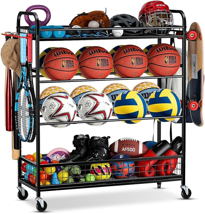 Garage Sports Equipment Organizer - Rolling Ball Storage Bin with Wheels, Garage Sports Gear Rack... | Amazon (US)