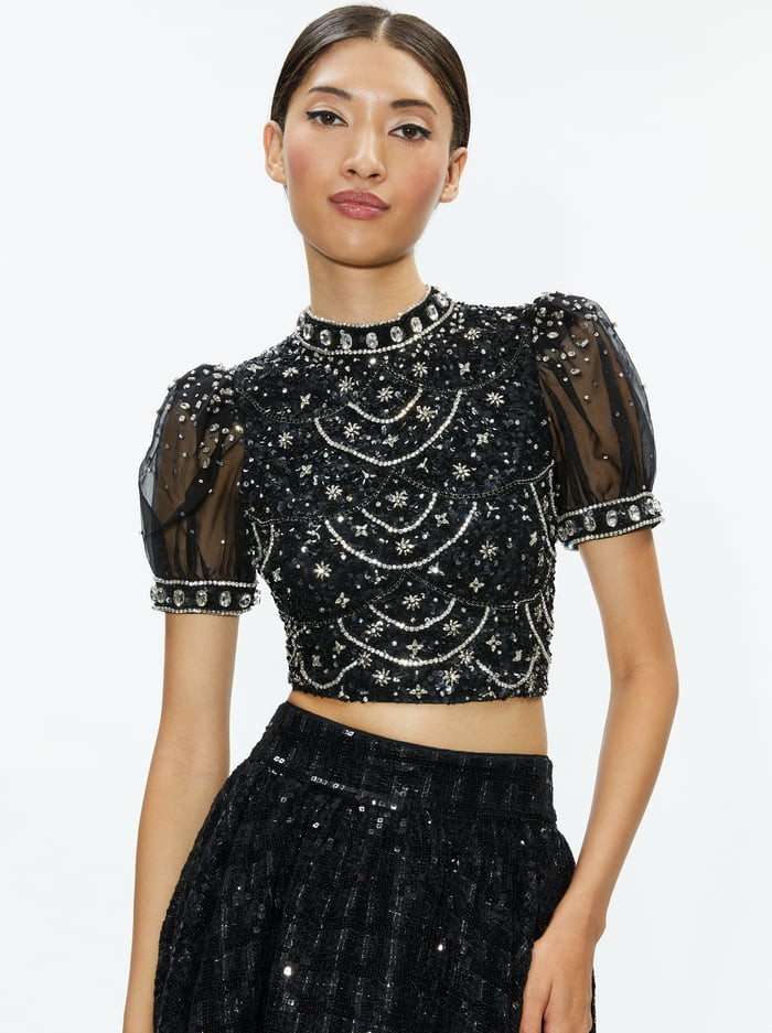 KRISTINA EMBELLISHED PUFF SLEEVE CROP TOP | Alice + Olivia