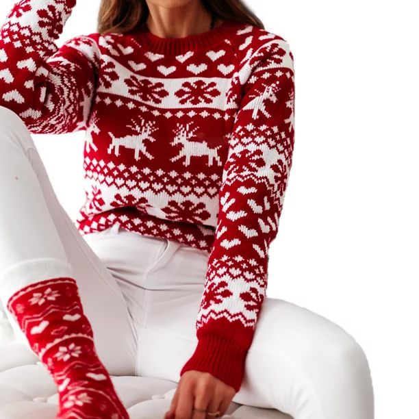 Pybcvrrd Women's Christmas Elk Snowflake Print Sweater Knitted Pullover Round Neck Jumper | Walmart (US)