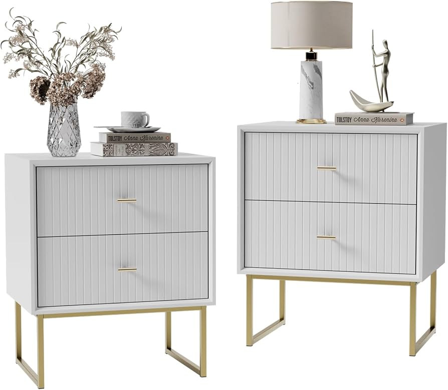 UEV White Nightstand Set of 2,Modern Grooved Stripes Bed Side Table with 2 Drawers,Wood End Table... | Amazon (US)