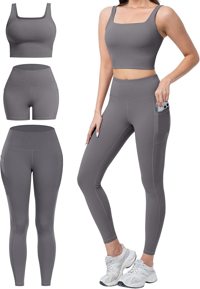 3 Piece Workout Sets for Women High Waisted Leggings with Pockets Tummy Control Biker Shorts Yoga... | Amazon (US)
