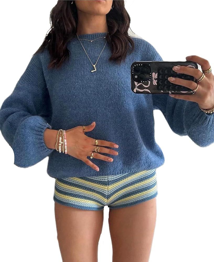 Y2K Women Lantern Sleeve Knit Sweater Casual Crewneck Ribbed Knit Pullover Loose Fit 2024 Trendy ... | Amazon (US)