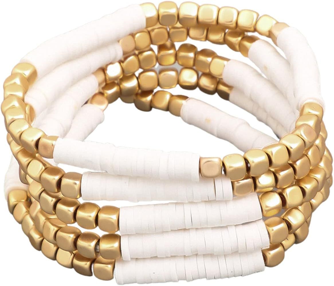 Holly Chic LA Heishi Bracelets for Women, Gold Ball Bracelet women, Stackable White Rainbow Vinyl... | Amazon (US)