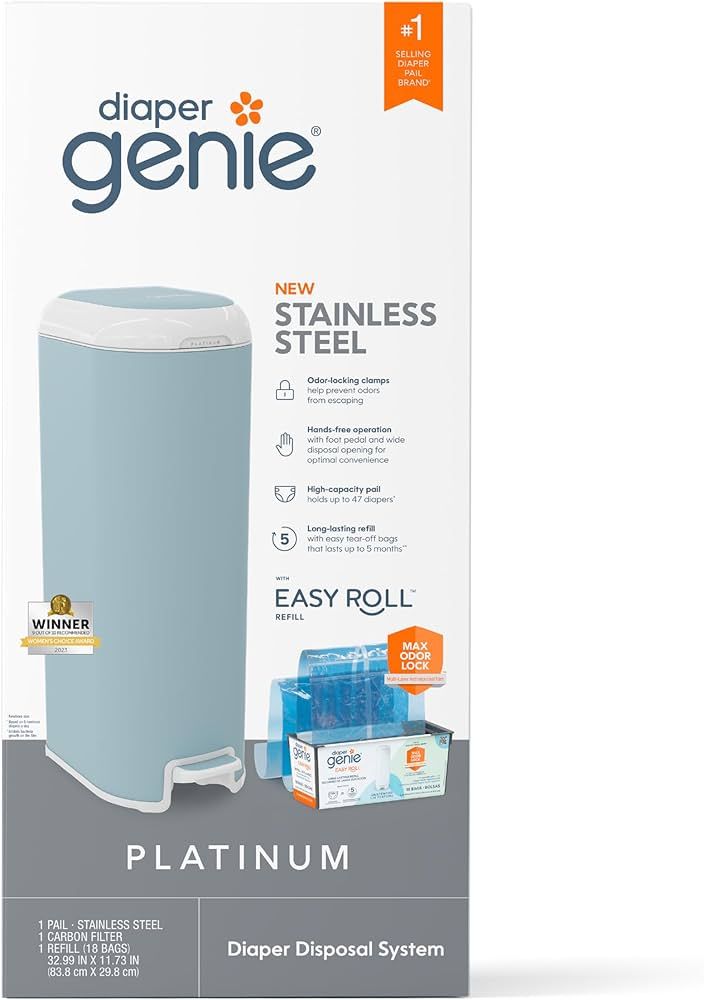 Diaper Genie Platinum Pail (Glacial Blue) is Made in Durable Stainless Steel and Includes 1 Easy ... | Amazon (US)