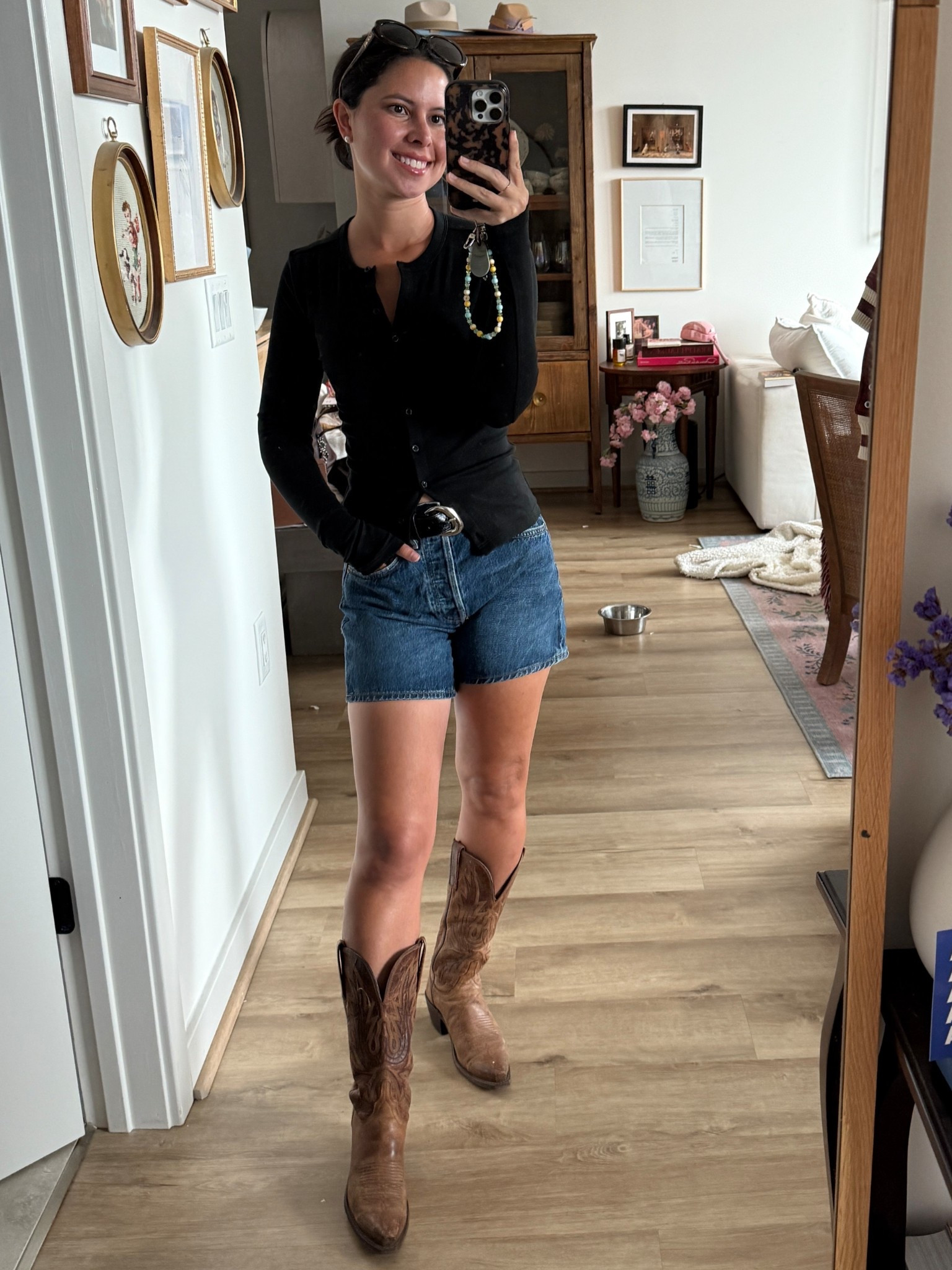 Fall shorts outfit, black cardigan, lucchesse cowboy boots 

#LTKFindsUnder100 #LTKStyleTip #LTKPetite