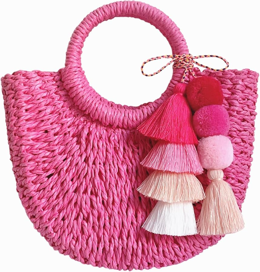 QTMY Pink Purse for Women,Straw Bags for Women 2023 Boho Hot Pink Crossbody Shoulder Bags Handbag... | Amazon (US)