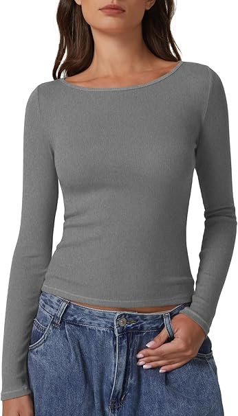 QINSEN Women's Long Sleeve T Shirts Crewneck Tight Fitted Rib Knit Y2k Casual Tee Tops | Amazon (US)