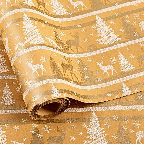 MIMUTI Christmas Wrapping Paper- Wrapping paper Mini Roll - Gold Kraft Paper Festive Design for C... | Amazon (US)