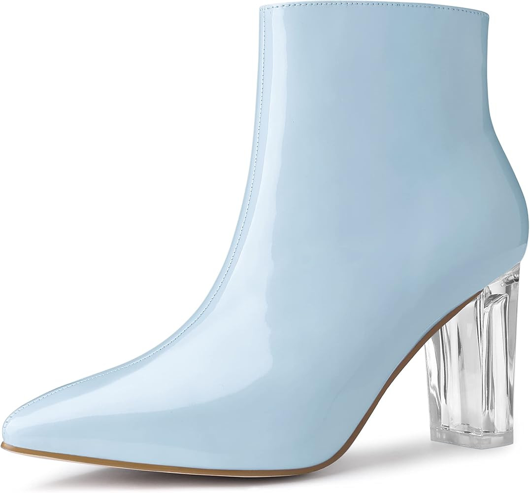 Allegra K Women's Clear Heel Pointed Toe Chunky Heels Ankle Boots | Amazon (US)