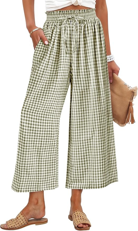 ANRABESS Womens Striped Gingham Palazzo Capri Pants Pajama Wide Leg Lounge Trousers Plaid Cute Cr... | Amazon (US)