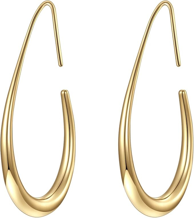 Lightweight Teardrop Hoop Earrings for Women - 14k Gold/White Gold Plated Large Oval Pull Through... | Amazon (US)